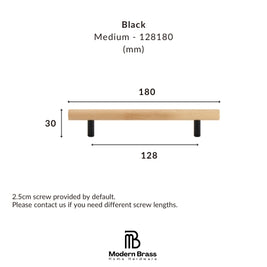 Product dimension diagram for a black metal bar with two legs, labeled as Medium - 128180 mm, showing measurements of 180 mm width, 30 mm leg height, and 128 mm base width. Includes the Modern Brass Home Hardware logo at the bottom.