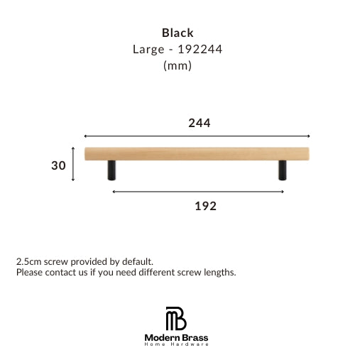 Product dimension diagram for a large black wall shelf by Modern Brass Home Hardware, showing a light wood top, black legs, and measurements of 244 mm width, 192 mm clear span, and 30 mm height.