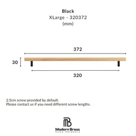 Product specification graphic for a wall shelf by Modern Brass, showing a black XLarge shelf labeled as black and 320 mm wide, with dimensions 372 mm overall and 30 mm height. Includes text noting a 2.