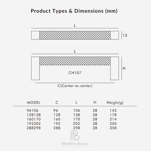 A product dimensions chart for Modern Brass hardware showing the CH107 model. The top half contains a technical line drawing with labeled dimensions L, H, and C, and the bottom half contains a table listing model numbers, C, L, H, and weight in grams.