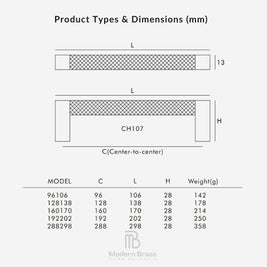 A product dimensions chart for Modern Brass hardware showing the CH107 model. The top half contains a technical line drawing with labeled dimensions L, H, and C, and the bottom half contains a table listing model numbers, C, L, H, and weight in grams.
