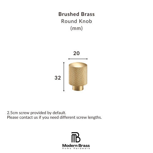 A brushed brass round knob shown on a white background with dimension labels indicating 22 mm diameter and 31 mm height, plus text noting a 2.5 cm screw is included by default and the Modern Brass Home Hardware logo at the bottom.