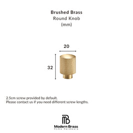 A brushed brass round knob shown on a white background with dimension labels indicating 22 mm diameter and 31 mm height, plus text noting a 2.5 cm screw is included by default and the Modern Brass Home Hardware logo at the bottom.