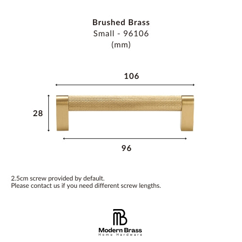 Technical dimension diagram of a brushed brass cabinet pull handle, showing measurements of 106mm length, 96mm face, and 28mm height, with the Modern Brass logo at the bottom.