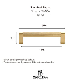 Technical dimension diagram of a brushed brass cabinet pull handle, showing measurements of 106mm length, 96mm face, and 28mm height, with the Modern Brass logo at the bottom.
