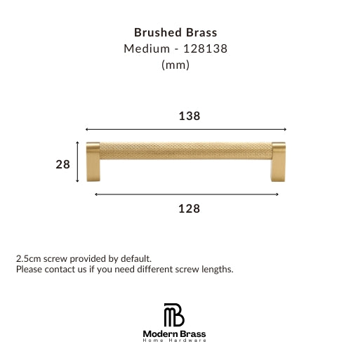 Product dimension diagram for a brushed brass cabinet pull handle, showing measurements of 138 mm width, 128 mm span, and 28 mm height, with the Modern Brass Home Hardware logo at the bottom.