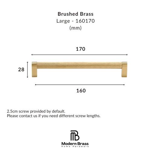Technical dimension diagram of a brushed brass cabinet handle, labeled Large - 160170, showing a length of 170 mm and a width of 28 mm, with Modern Brass branding at the bottom.