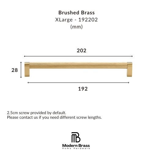 A dimension diagram of a brushed brass XLarge cabinet pull handle, showing measurements of 202 mm width, 192 mm span, and 28 mm height, with the Modern Brass Home Hardware logo at the bottom.