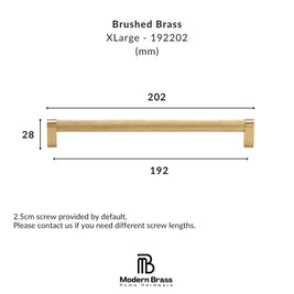 A dimension diagram of a brushed brass XLarge cabinet pull handle, showing measurements of 202 mm width, 192 mm span, and 28 mm height, with the Modern Brass Home Hardware logo at the bottom.