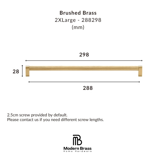 A dimension diagram of a brushed brass 2XL cabinet pull handle, showing its width as 288 mm and height as 28 mm, with length indicated as 298 mm. The text specifies 'Brushed Brass 2XL - 288298 (mm)' and includes the 'Modern Brass Home Hardware' logo at the bottom.