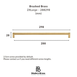 A dimension diagram of a brushed brass 2XL cabinet pull handle, showing its width as 288 mm and height as 28 mm, with length indicated as 298 mm. The text specifies 'Brushed Brass 2XL - 288298 (mm)' and includes the 'Modern Brass Home Hardware' logo at the bottom.
