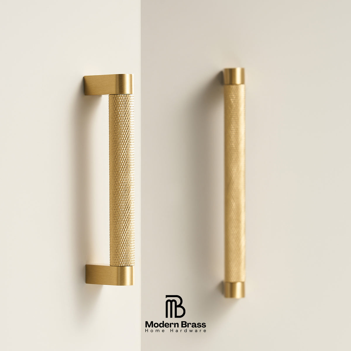 Two modern brass cabinet handles with textured cylindrical centers and flat rectangular end caps, shown mounted on a light neutral wall. The Modern Brass logo appears at the bottom.