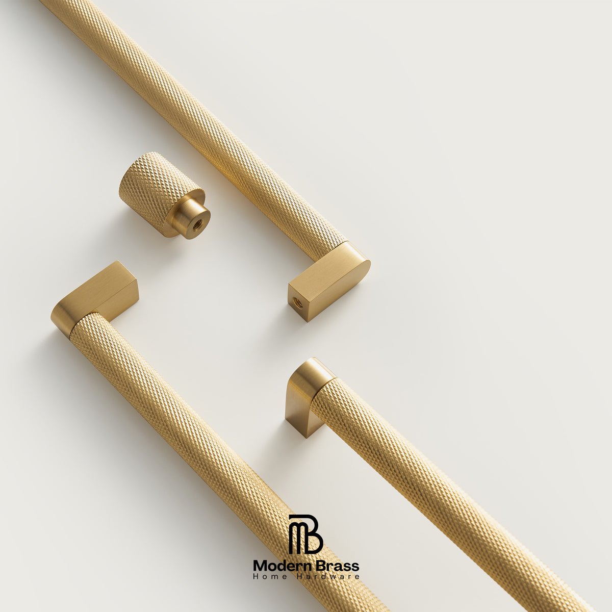 Four brass cabinet handles with a textured knurled finish and square block mounts, arranged diagonally on a light gray background with the Modern Brass logo at the bottom.