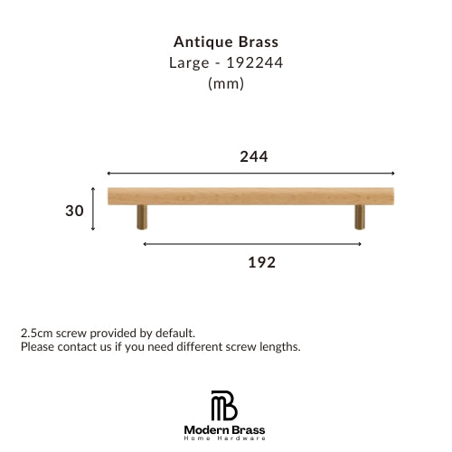 Dimension diagram of a Large Antique Brass wall shelf with measurements 244 mm width, 192 mm depth, and 30 mm height, plus text noting a 2.5cm screw is included by default.