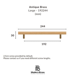 Dimension diagram of a Large Antique Brass wall shelf with measurements 244 mm width, 192 mm depth, and 30 mm height, plus text noting a 2.5cm screw is included by default.