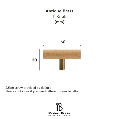 A product information graphic for an Antique Brass T Knob from Modern Brass Home Hardware, showing a brass knob with dimension labels of 80mm width and 33mm height, plus text noting a 2.5cm screw is included by default.