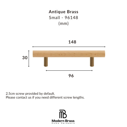 Dimension diagram of a small Antique Brass pull handle, showing measurements of 148mm width, 30mm height, and 96mm center-to-center span, with the Modern Brass Home Hardware logo at the bottom.