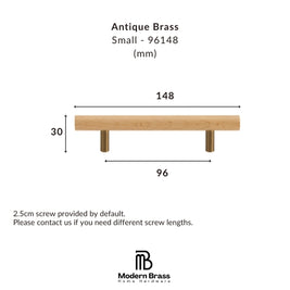 Dimension diagram of a small Antique Brass pull handle, showing measurements of 148mm width, 30mm height, and 96mm center-to-center span, with the Modern Brass Home Hardware logo at the bottom.