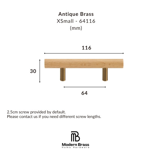 A dimension diagram of a small antique brass pull handle with a light wood rod and brass finials, showing measurements of 116 mm width, 30 mm height, and 64 mm base, with the Modern Brass Home Hardware logo at the bottom.