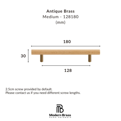 Dimension diagram of an antique brass medium pull handle, showing measurements of 180 mm width, 30 mm height, and 128 mm center-to-center span, with the Modern Brass Home Hardware logo at the bottom.