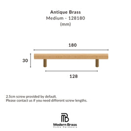Dimension diagram of an antique brass medium pull handle, showing measurements of 180 mm width, 30 mm height, and 128 mm center-to-center span, with the Modern Brass Home Hardware logo at the bottom.