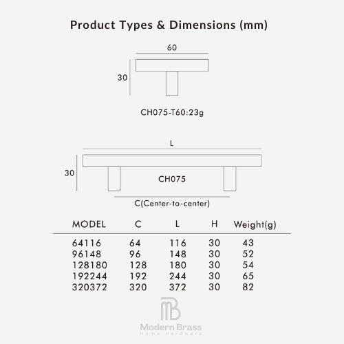 A product dimensions chart for a bench, showing line drawings with measurements in millimeters and a size table labeled Model, C, L, H, and Weight(g). The text reads 'Product Types & Dimensions (mm)' and 'Modern Brass Home Hardware' appears at the bottom.