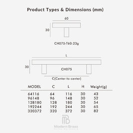 A product dimensions chart for a bench, showing line drawings with measurements in millimeters and a size table labeled Model, C, L, H, and Weight(g). The text reads 'Product Types & Dimensions (mm)' and 'Modern Brass Home Hardware' appears at the bottom.