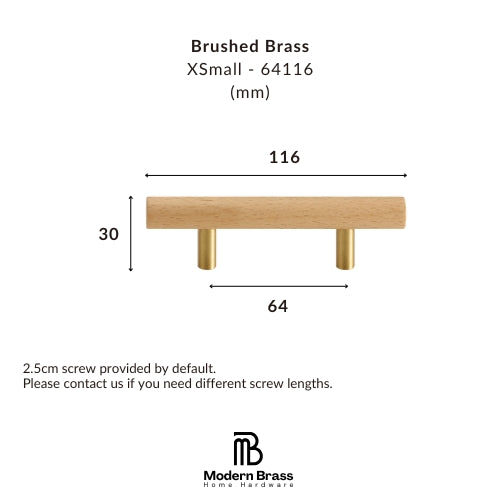A dimension diagram of a brushed brass XSmall cabinet knob by Modern Brass Home Hardware, showing a light natural wood top with two brass cylindrical legs, labeled with measurements 116, 30, and 64 in millimeters.