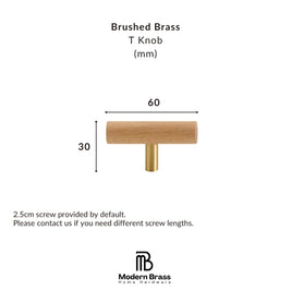 A product dimension diagram of a brushed brass T knob with a light wood handle, labeled with dimensions of 60mm width and 30mm height, on a white background with the Modern Brass Home Hardware logo.