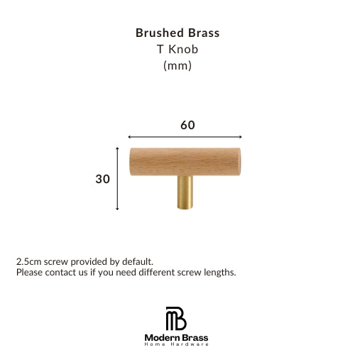 A product dimension diagram of a brushed brass T knob with a light wood handle, labeled with dimensions of 60mm width and 30mm height, on a white background with the Modern Brass Home Hardware logo.