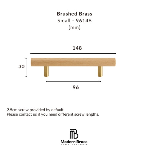 A dimension diagram of a small brushed brass cabinet pull handle on a white background, showing measurements of 148 mm width, 30 mm height, and 96 mm span, with the Modern Brass Home Hardware logo at the bottom.