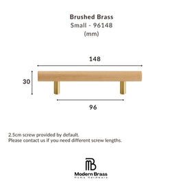 A dimension diagram of a small brushed brass cabinet pull handle on a white background, showing measurements of 148 mm width, 30 mm height, and 96 mm span, with the Modern Brass Home Hardware logo at the bottom.