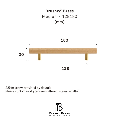Technical dimension diagram of a brushed brass drawer pull handle, showing a medium oak wood handle with brass screw posts. The image includes measurements for length (180mm), width (128mm), and height (30mm), along with text specifying 'Brushed Brass' and the 'Modern Brass Home Hardware' brand logo at the bottom.
