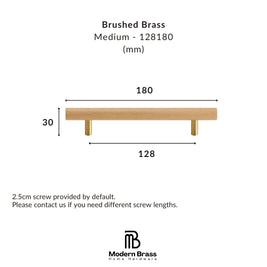 Technical dimension diagram of a brushed brass drawer pull handle, showing a medium oak wood handle with brass screw posts. The image includes measurements for length (180mm), width (128mm), and height (30mm), along with text specifying 'Brushed Brass' and the 'Modern Brass Home Hardware' brand logo at the bottom.