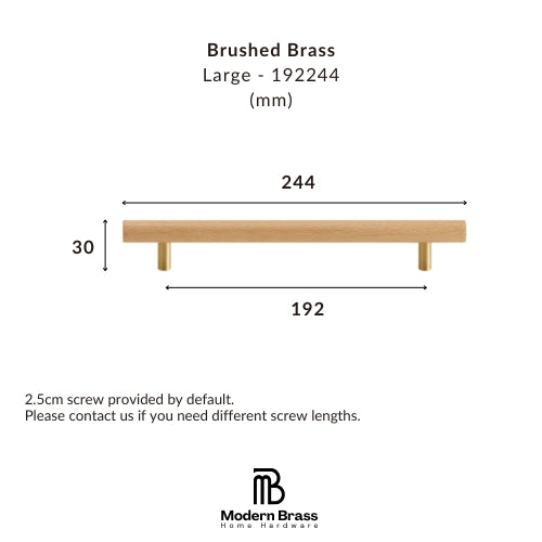 Measurement diagram for a Modern Brass Large brushed brass wall-mounted drawer pull handle, showing dimensions of 244 mm width, 192 mm depth, and 30 mm height, with product text and the Modern Brass Home Hardware logo.