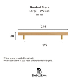 Measurement diagram for a Modern Brass Large brushed brass wall-mounted drawer pull handle, showing dimensions of 244 mm width, 192 mm depth, and 30 mm height, with product text and the Modern Brass Home Hardware logo.